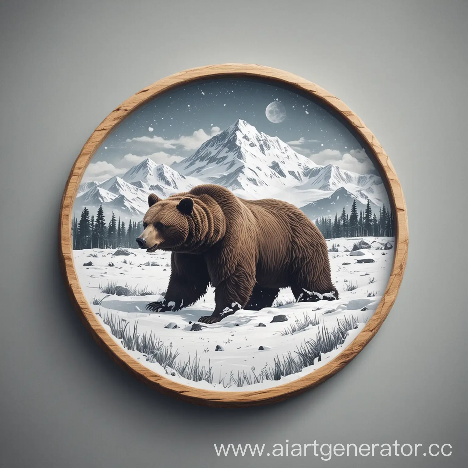 сделай 2D круглое лого для проекта. В нём должен быть вдалеке пейзаж с медведем в снежном поле без надписей