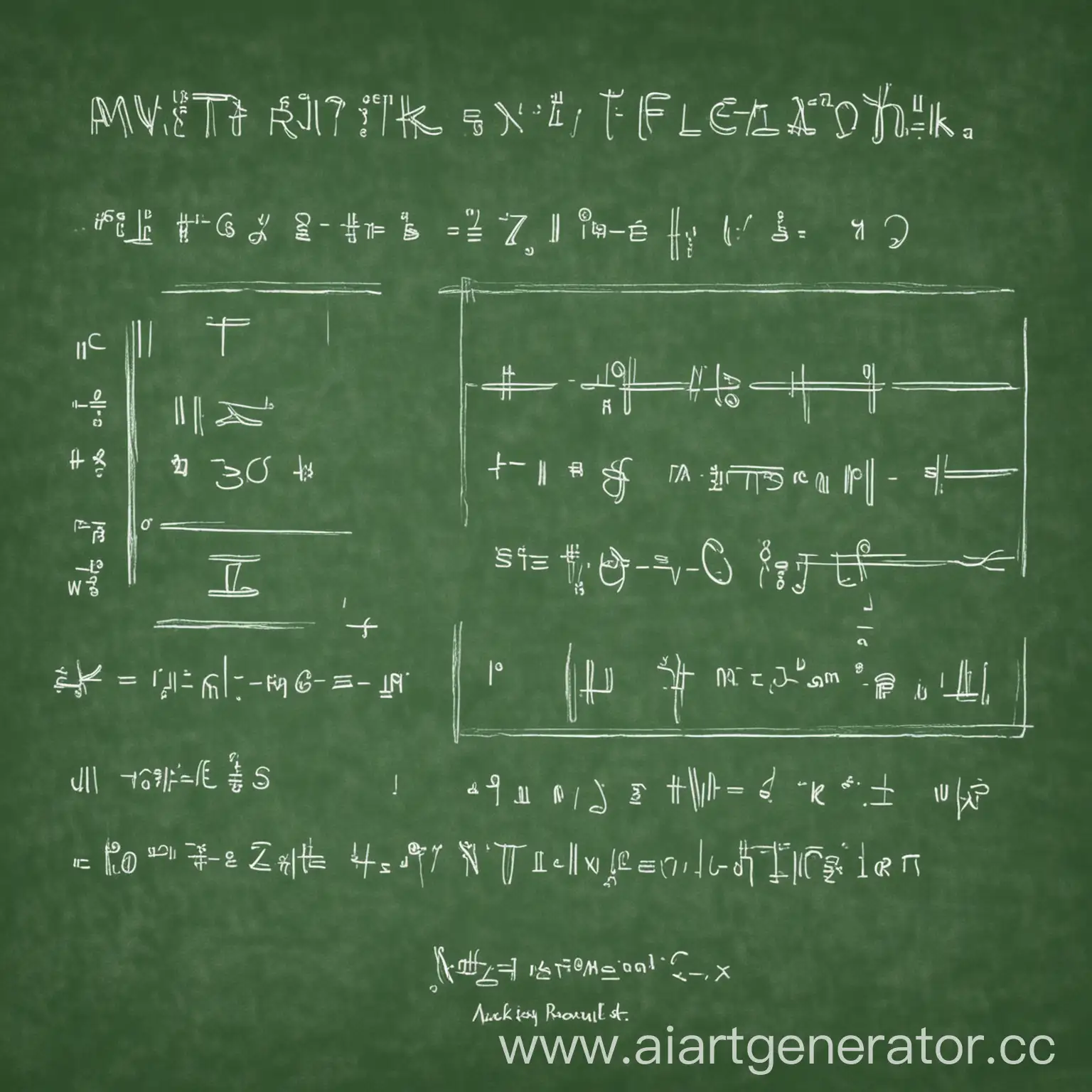 use image's colors to create an art with math formulas around the name FuzzyMixer, make background green!