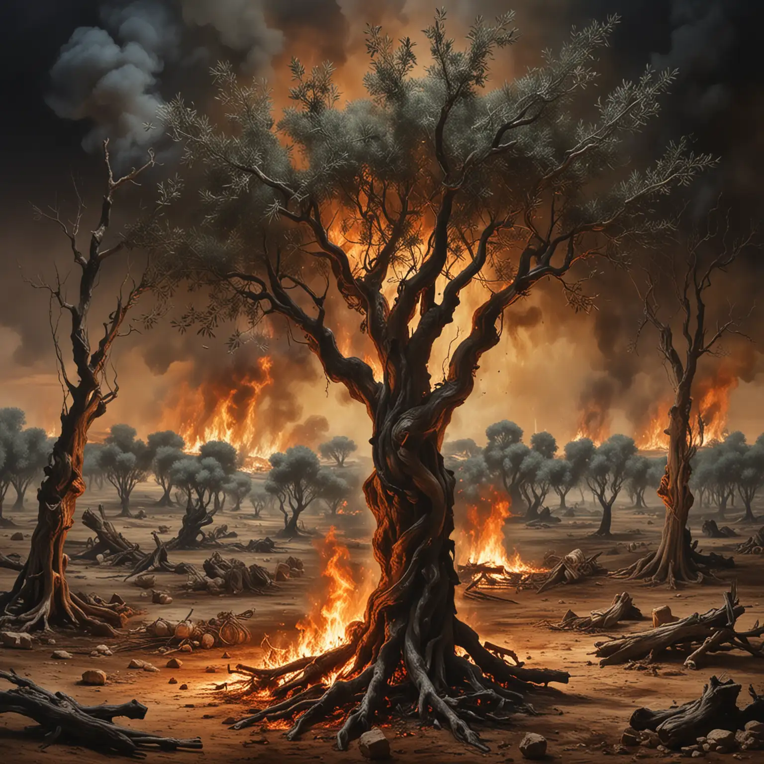 surrealist artwork of burning olive trees. settler colonialism