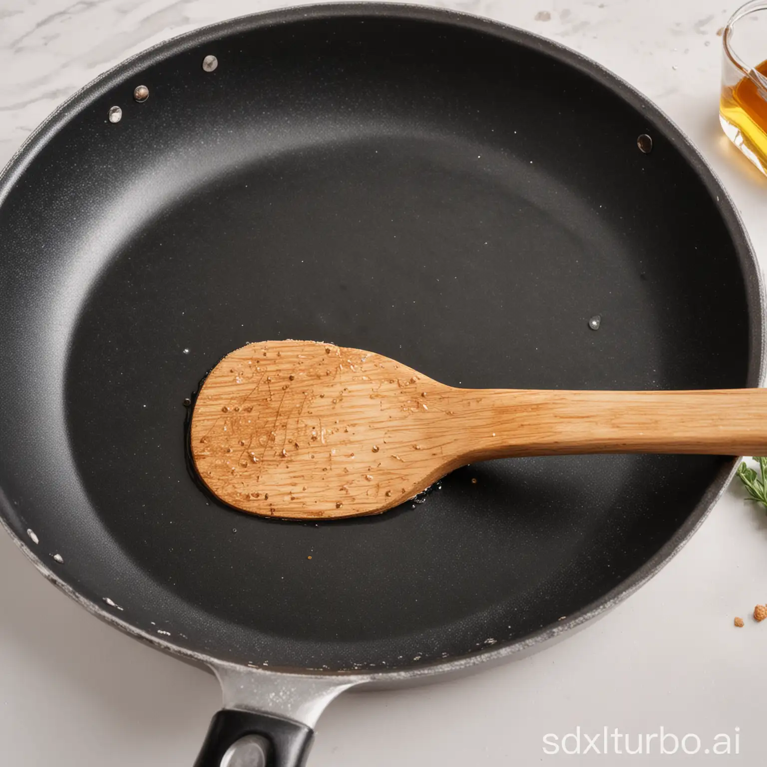 A close up of a non-stick frying pan. The background is white. A spatula is resting across the pan, with a small amount of oil shimmering on its surface.