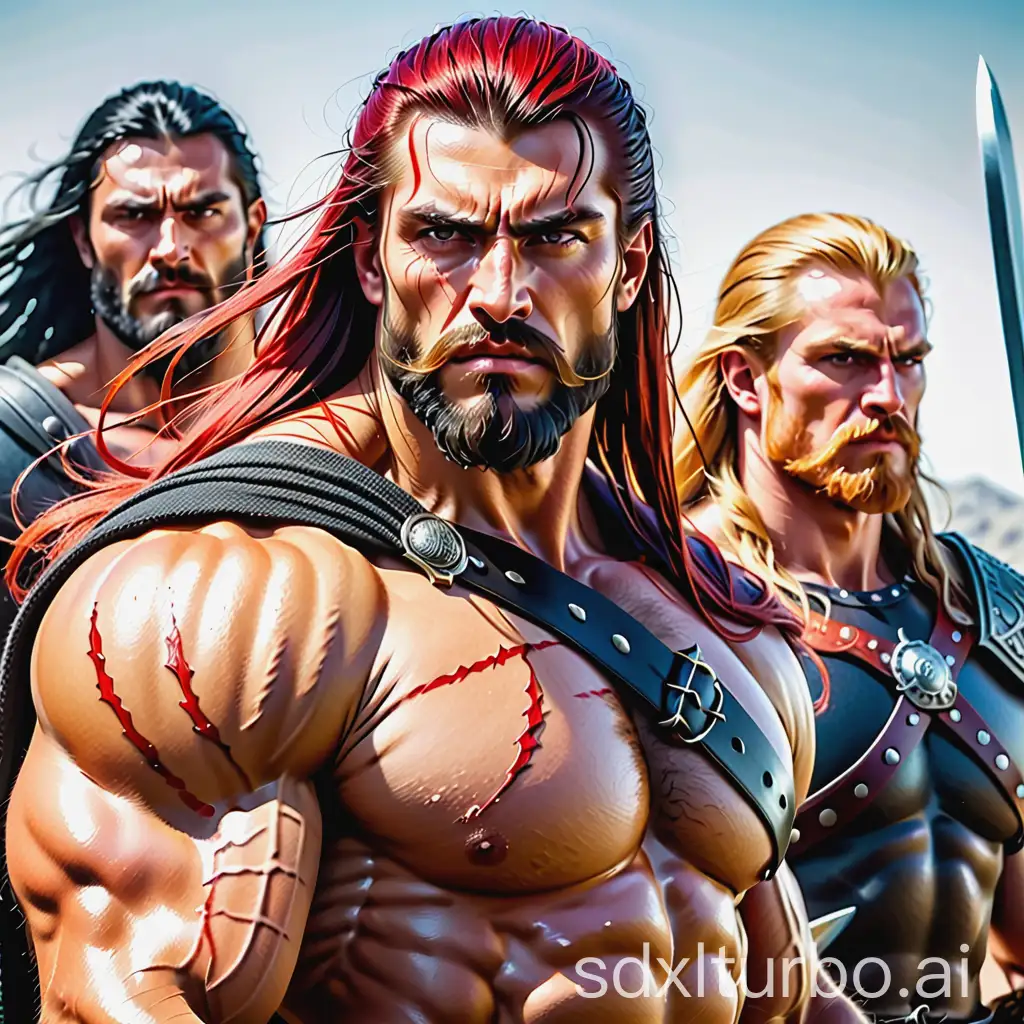 Barbarians three muscular stern men side view, Mark - powerful man scars axe hatchet snarl fangs black hair, Oleg - proud red long hair with sword, Tar - blonde long hair, Slavic Fantasy, head turn, photorealistic style, light glints, color engraving, high detail, high resolution, clear drawing with black ink, hyperrealistic