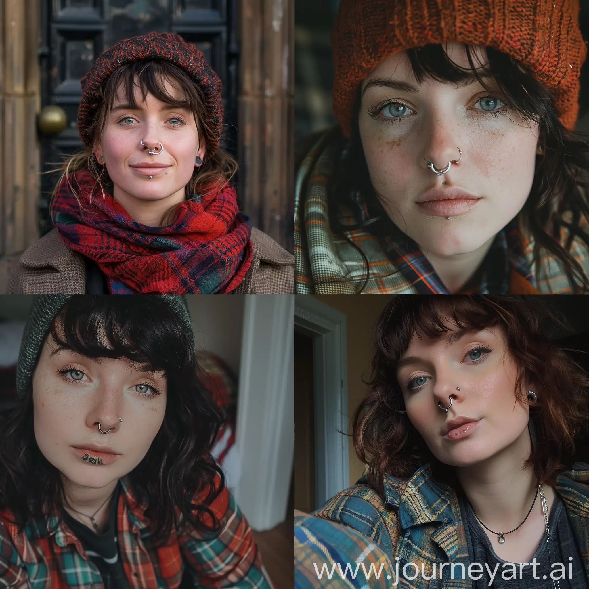 Woman in her mid 20's wearing hipster clothing, nose ring , Scottish  --v 6 --ar 1:1 -- --v 6 --