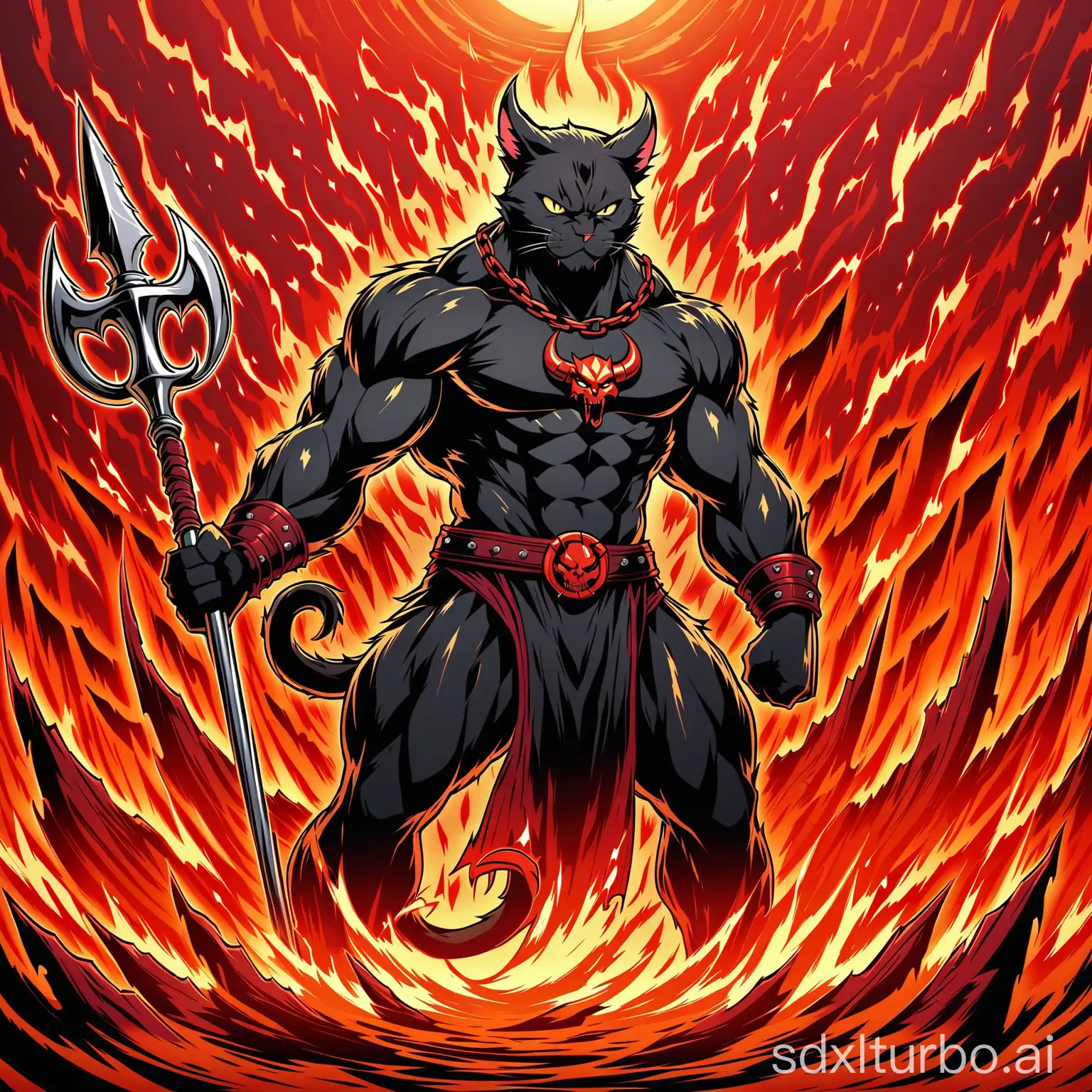 generate a black male muscular cat with red devil horns and demonically glaring eyes. It also has a trident in its hand. The background should remind of hell.