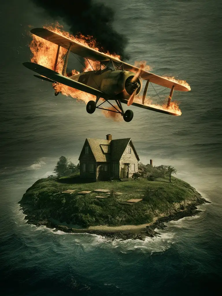Isolated Island with Burning Plane in the Ocean