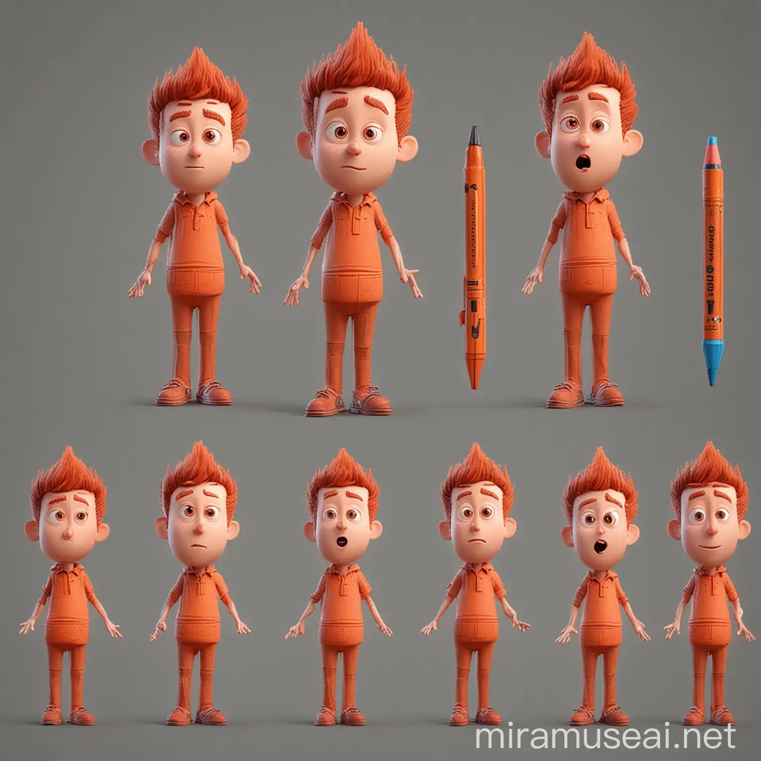 3d crayon character.  for kids story. with different 10 poses from face to bodyT , cartoon pixar style