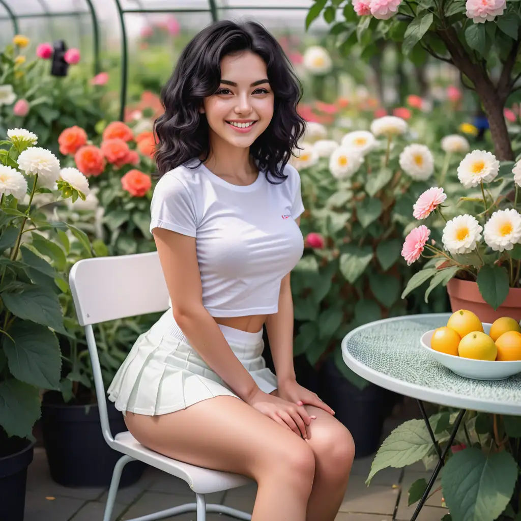Woman age 25 years very pretty smile sweet with black hair slightly curly, wearing tight white t-shirt a little transparent fruit full breasts apparent beautiful, wearing mini skirt, sport shoes, sitting in chair at a flower garden