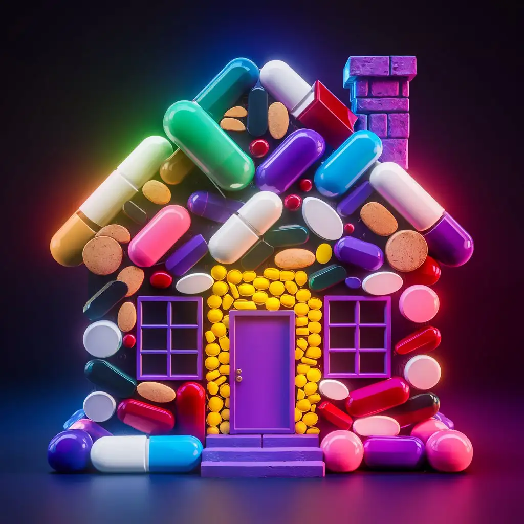 Аватар для канала drugs house ,Дом из таблеток разных форм и размеров в неоновых цветах