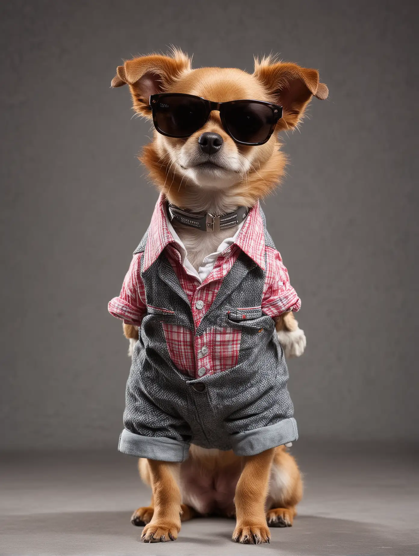 a stylish little dog, wearing fashionable clothes, wearing sunglasses, standing on a T stage showing off