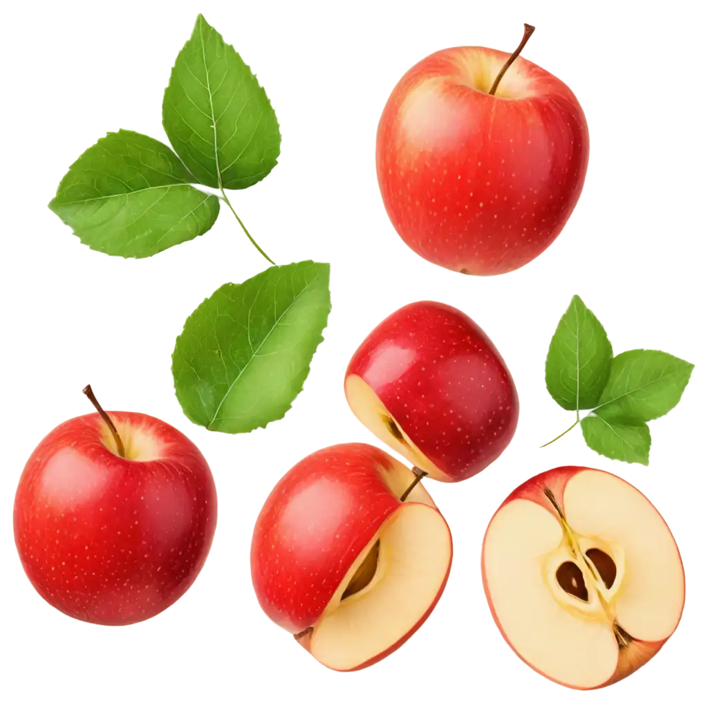 Apples with half slices falling or floating in the air with green leaves isolated on background, Fresh organic fruit with high vitamins and minerals.