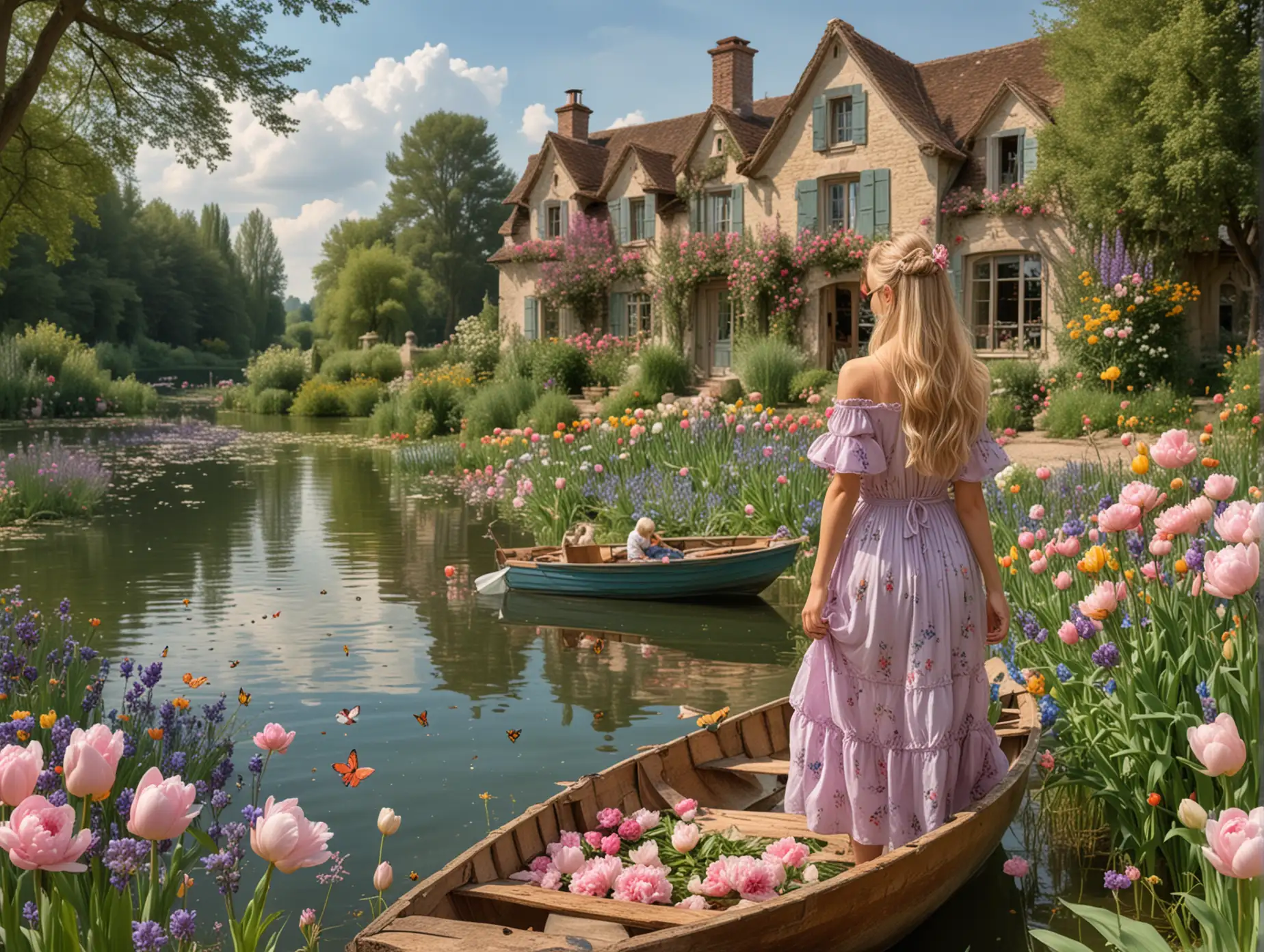 French country style house with a lot of flowers peonies tulips iris roses flying butterflies and bees on the lake with small boat with blond girl in lavender dress and flowers on hair
