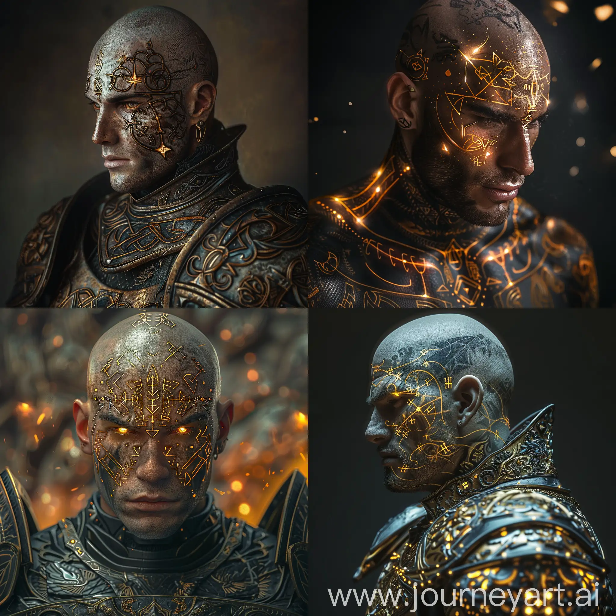 Fantasy-Knight-with-Golden-Glowing-Latin-Symbol-Tattoos-and-Geometric-Armor