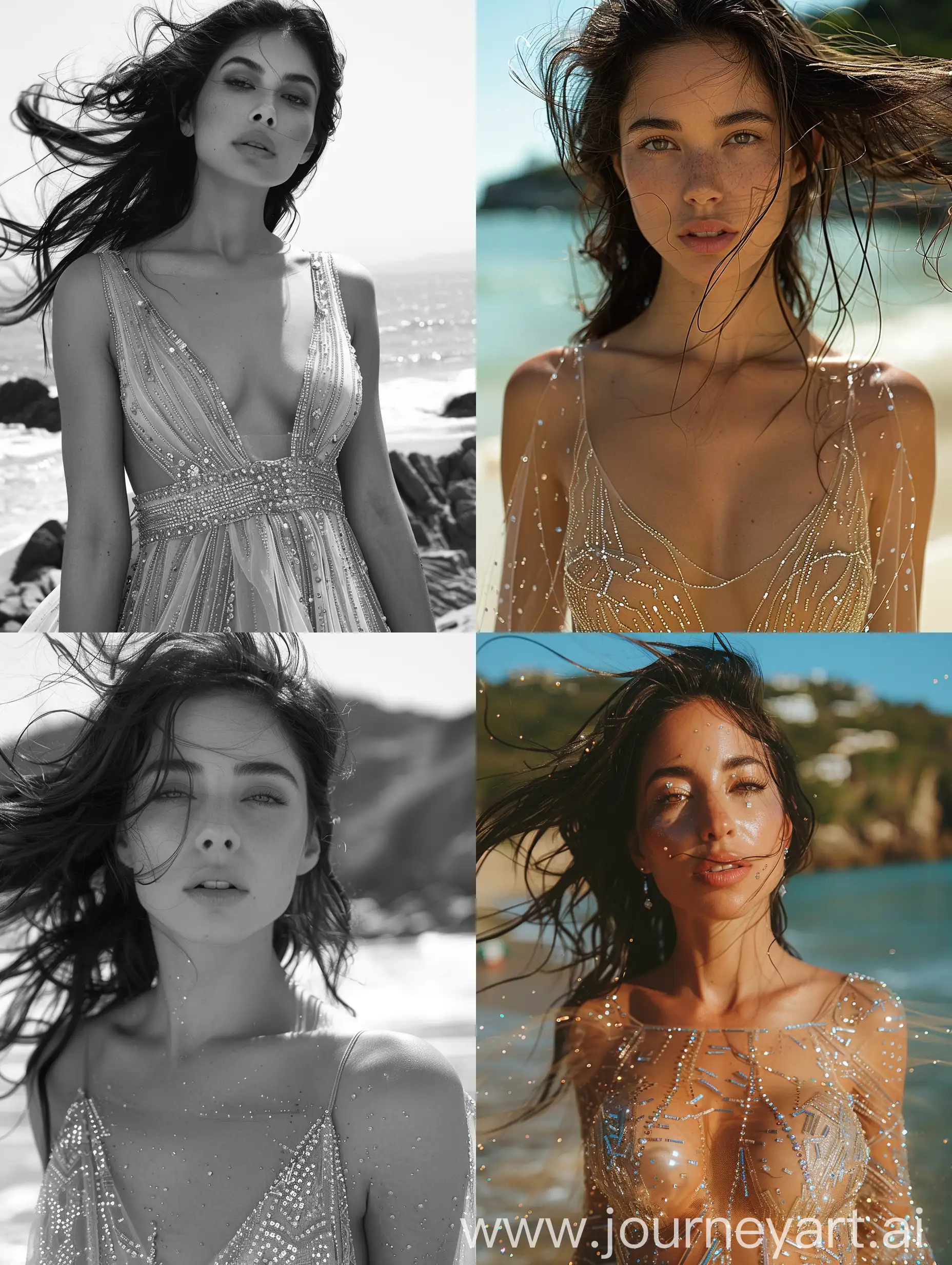 photo of beautiful model in a gown, studded with crystals, with long hair blowing in the wind, against a beach background --s 1000 --c 30 --v 6 --style raw 