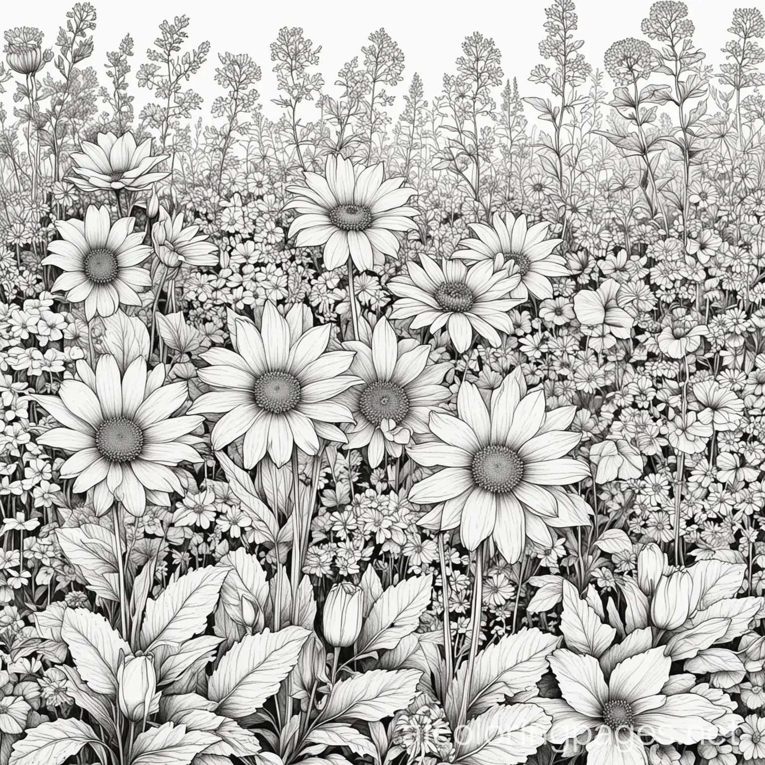 Flowers-in-the-Garden-Coloring-Page-Simple-Black-and-White-Line-Art-on-White-Background
