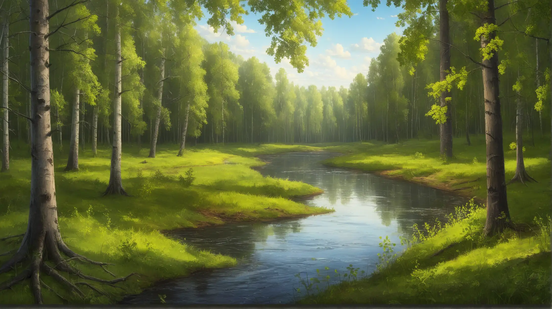 лиственный смешанный русский лес, поляна, река