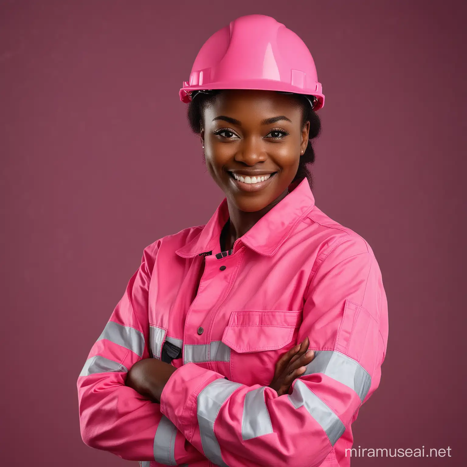 Young Nigerian Female Construction Worker Smiling in Pink Safety Gear