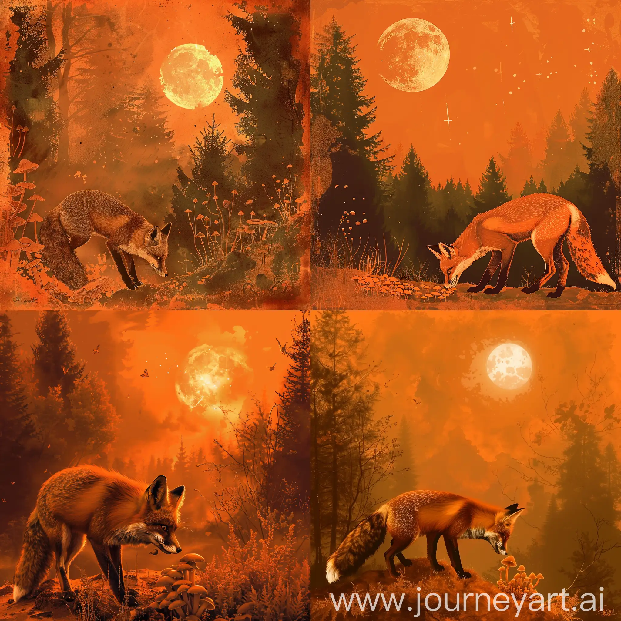 Fox-Sniffing-Chanterelles-in-Moonlit-Forest