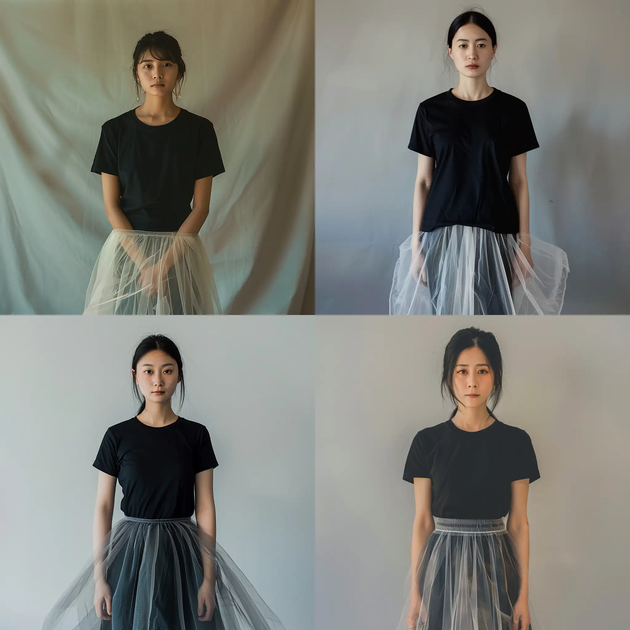 Ren Hang's photograph depicting a photo of a woman with a black t-shirt and translucient long skirt --style raw