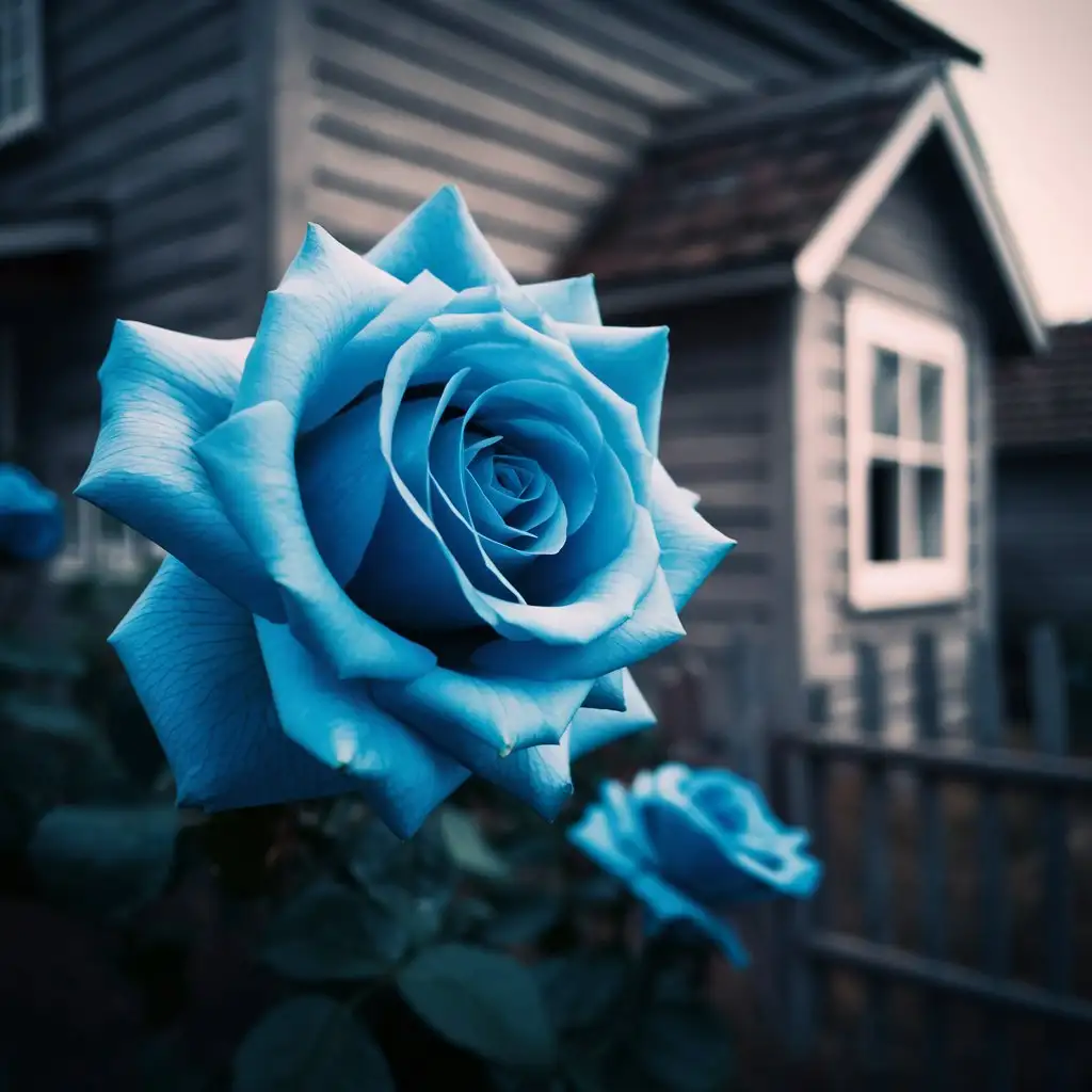 На фоне частный дачный дом, основной объект цветок роза, синего цвета