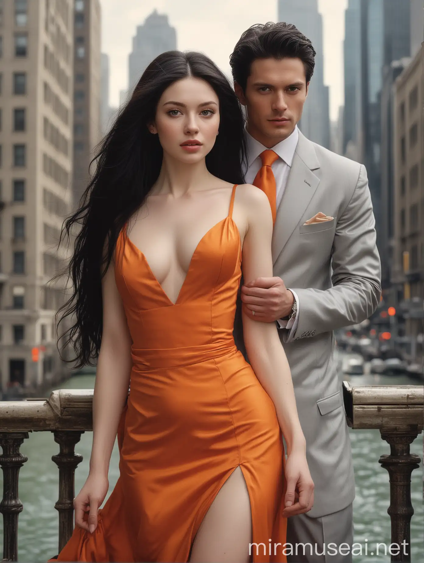 The subject of the portrait is a woman with white, pale skin and a flawless physique and a man that has pale flawless skin. The woman have long, lustrous black hair that shines brightly and the woman is wearing a captivating orange dress that highlights her hourglass shaped body while the man on her side is wearing business attire and the man should have short regulation-cut silver hair. The image should prominently highlight their brown eyes while ensuring the eye and hair color remain distinct. The background should be tall buildings in the island.
