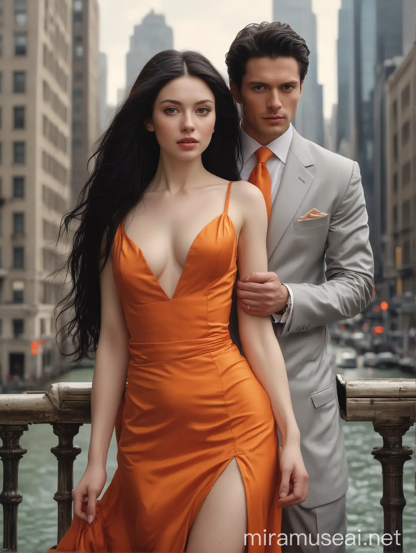 Elegant Couple in Business Attire Against Urban Skyline