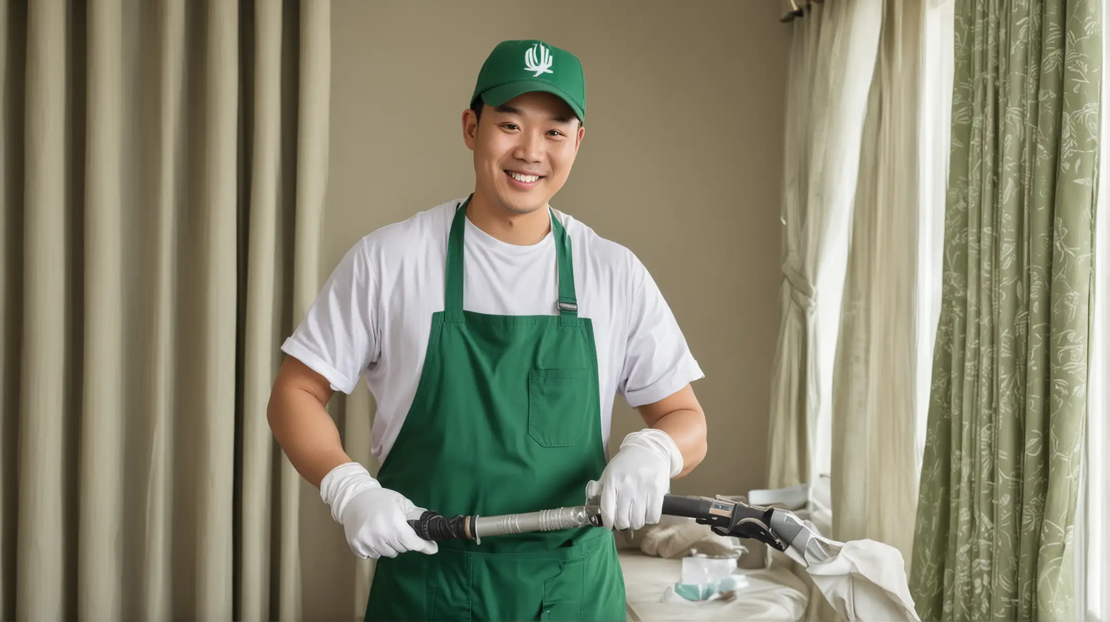 一位中国男家政，戴着棒球帽，戴着白色手套，拿着工具微笑着正在吸尘，穿着湖绿色围裙。背景是窗帘

