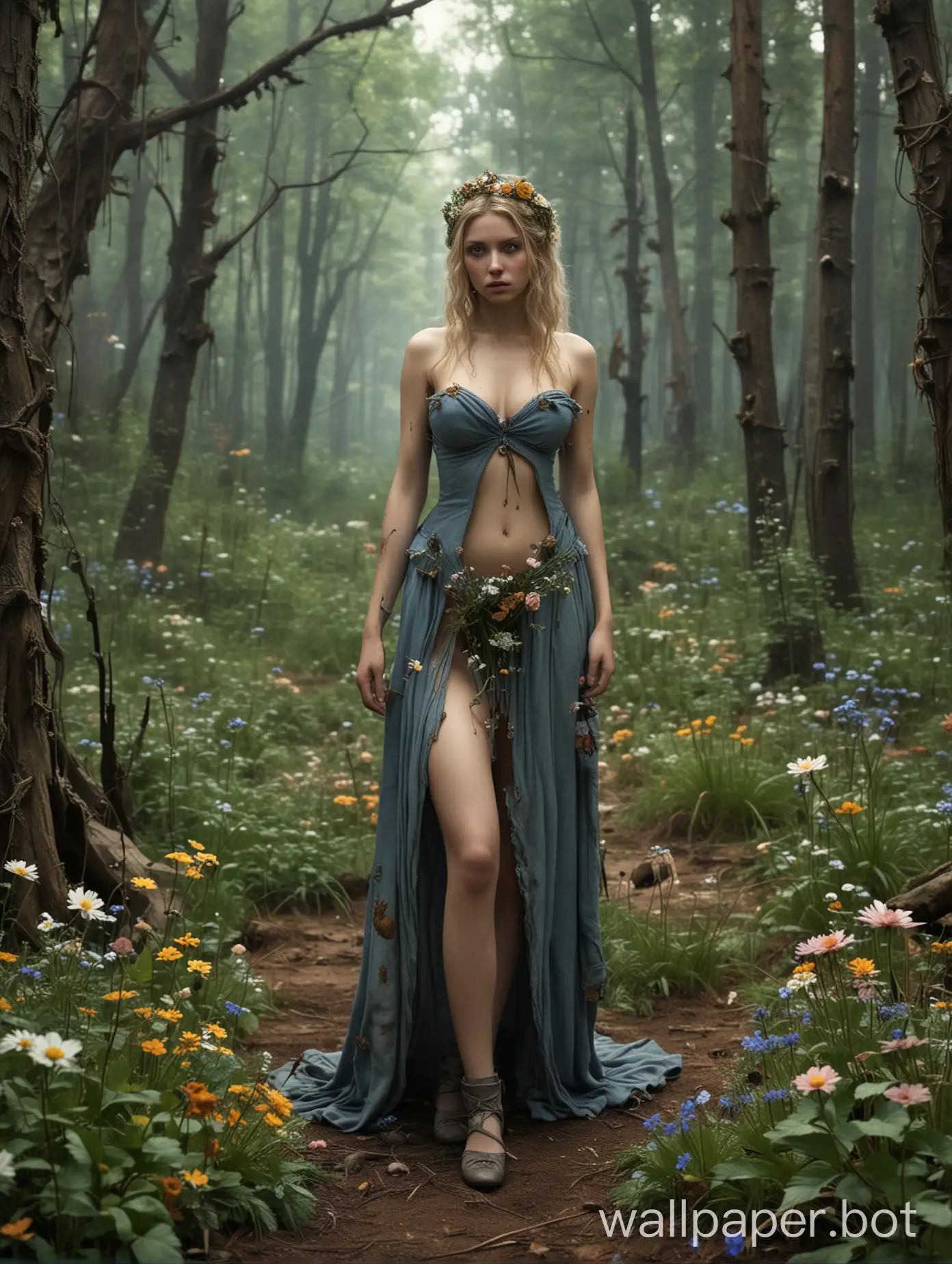 A post apocalyptic setting where Cinderella is living in the forest and only had flowers as objects to cover her modesty partially nude