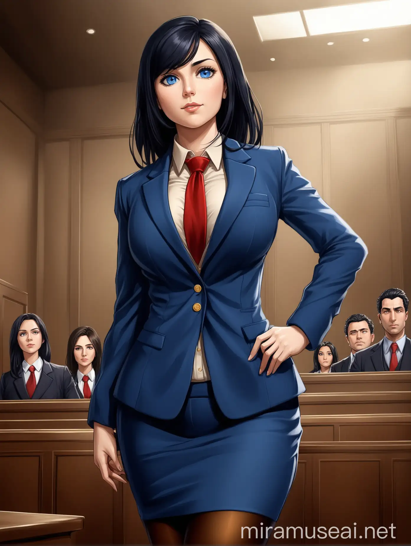 A sexy woman; in her 30s; with medium length styled black hair with prominent fringes,dark blue eyes, slightly curvy figure; wearing a a blue skirtsuit with an open blazer, a light blue vest, red tie, brown pantyhose, dark brown heels and a golden locket in her breast pocket of her blazer; she is an attorney, in a court room; with a confident expression and pose; below angle 