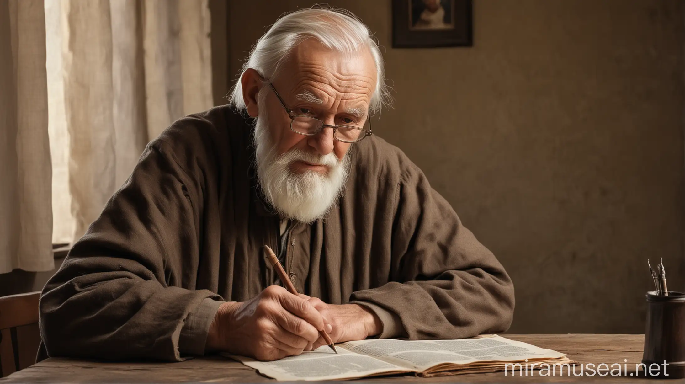 Wise Old Man Writing Parables at Table