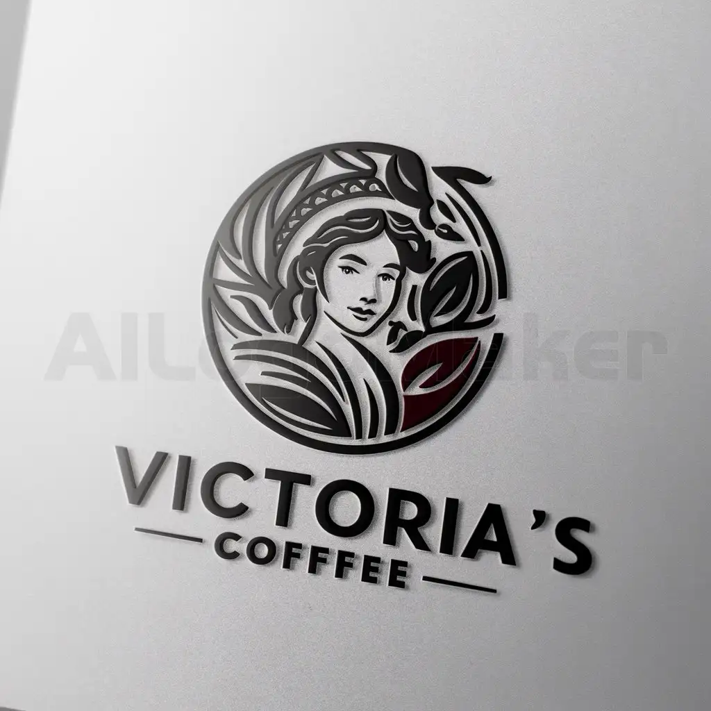 a logo design,with the text "Victorias Coffee", main symbol:the logofor coffee ven, which is the women that collect the coffee beans In Colombia they are called chapolera, The colors are black, white & burgundy, creatively integrate all elements in circle logo,complex,be used in 0 industry,clear background