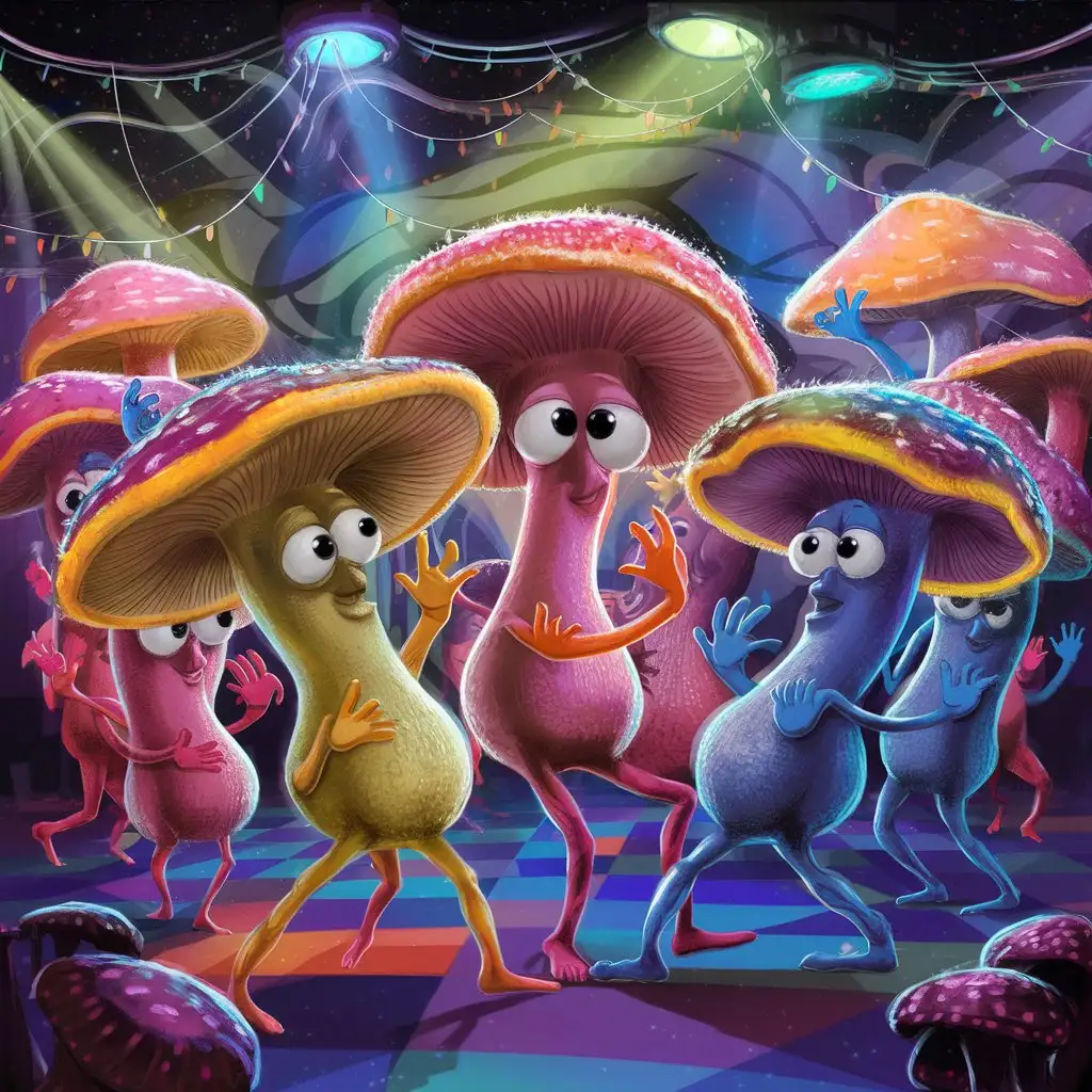 Нарисуй Дискотеку грибов мухоморов с глазами и руками в мультяшном стиле Pixar