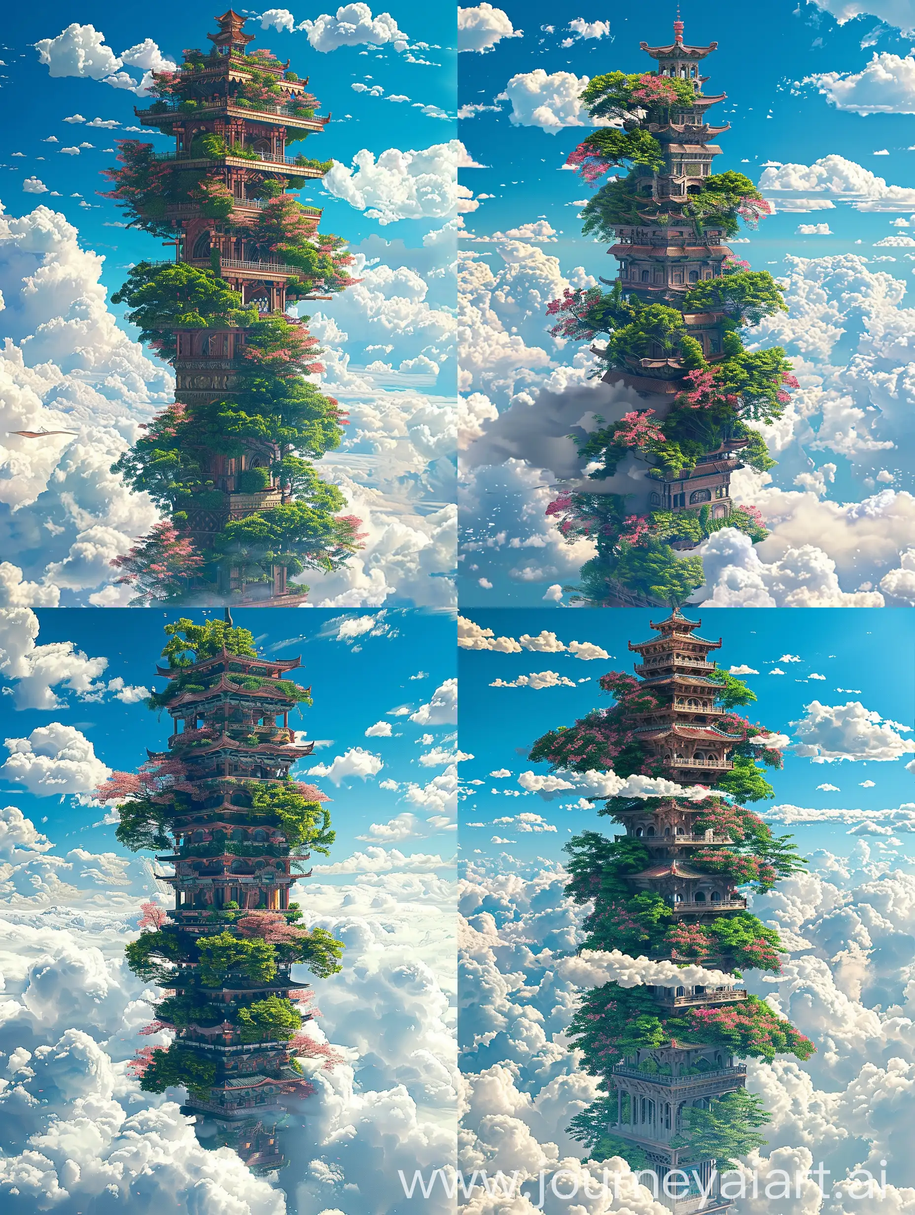 Enchanted-Tower-Among-Clouds-with-Lush-Greenery-and-Pink-Trees