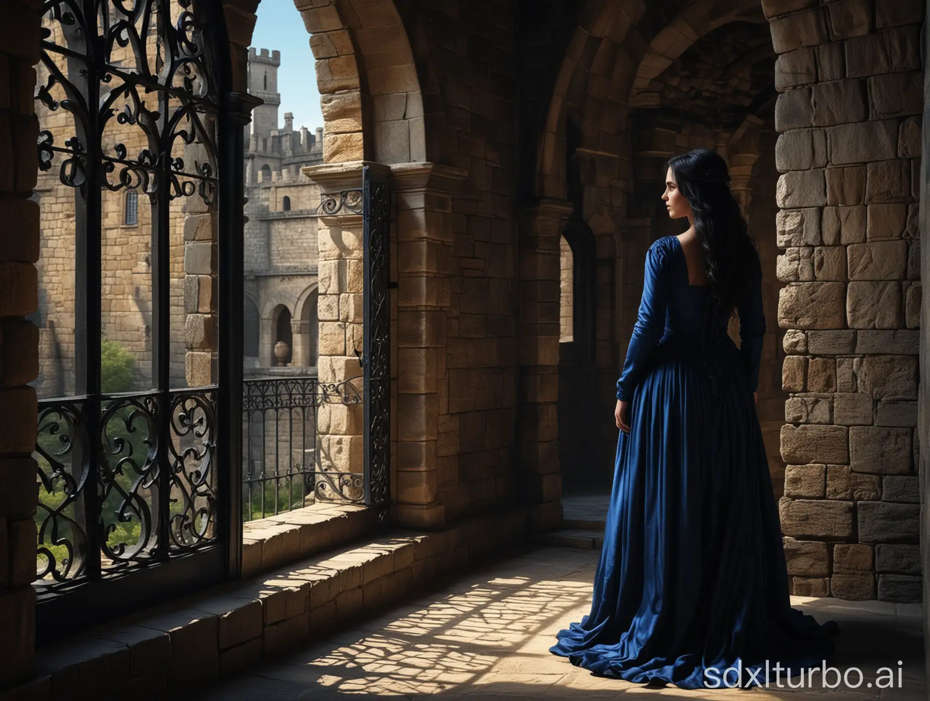 A beautiful girl of about twenty, with long black hair, slightly curly at the ends, in a medieval blue dress, standing near the barred window of the castle and looking pensively into the courtyard, the view half sideways, the whole figure, perfect composition, beautiful detailed intricate insanely detailed octane render trending on artstation, 8 k, photorealistic concept art, soft natural volumetric cinematic perfect light, chiaroscuro,  masterpiece, greg rutkowski 

