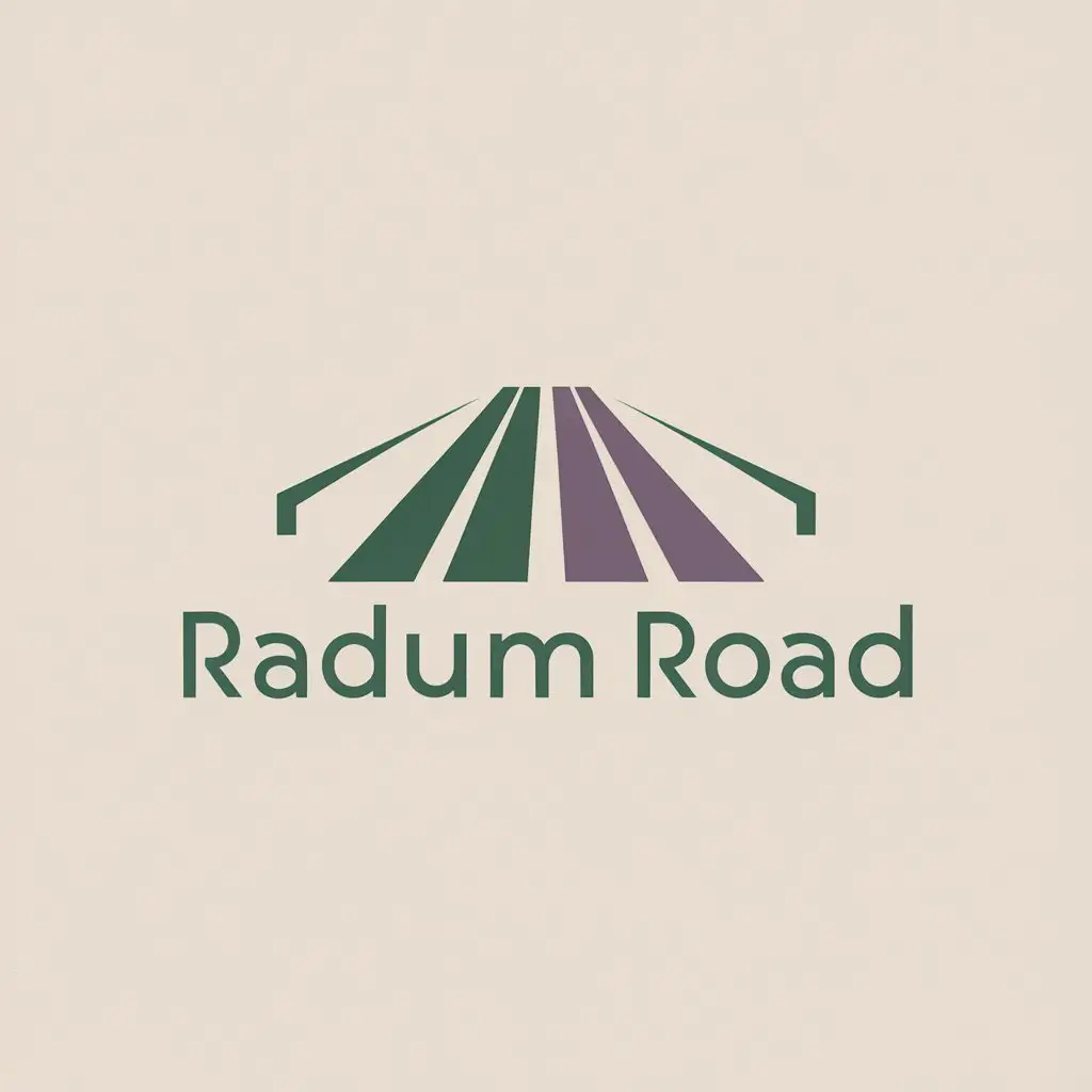 a logo design,with the text "RADUM ROAD", main symbol:Two Highways are connecting to each other in the distance and it looks like that they are making letter M . Green and purple colour.,Minimalistic,clear background