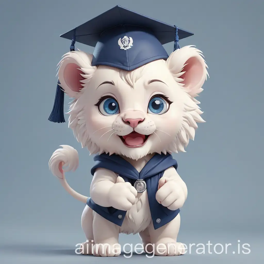 cute & adorable happy chibi baby pinky white milky lion with clear blue eyes wear dark blue graduation hat, thumb up with full energy vibe while standing, 2d line art super detail