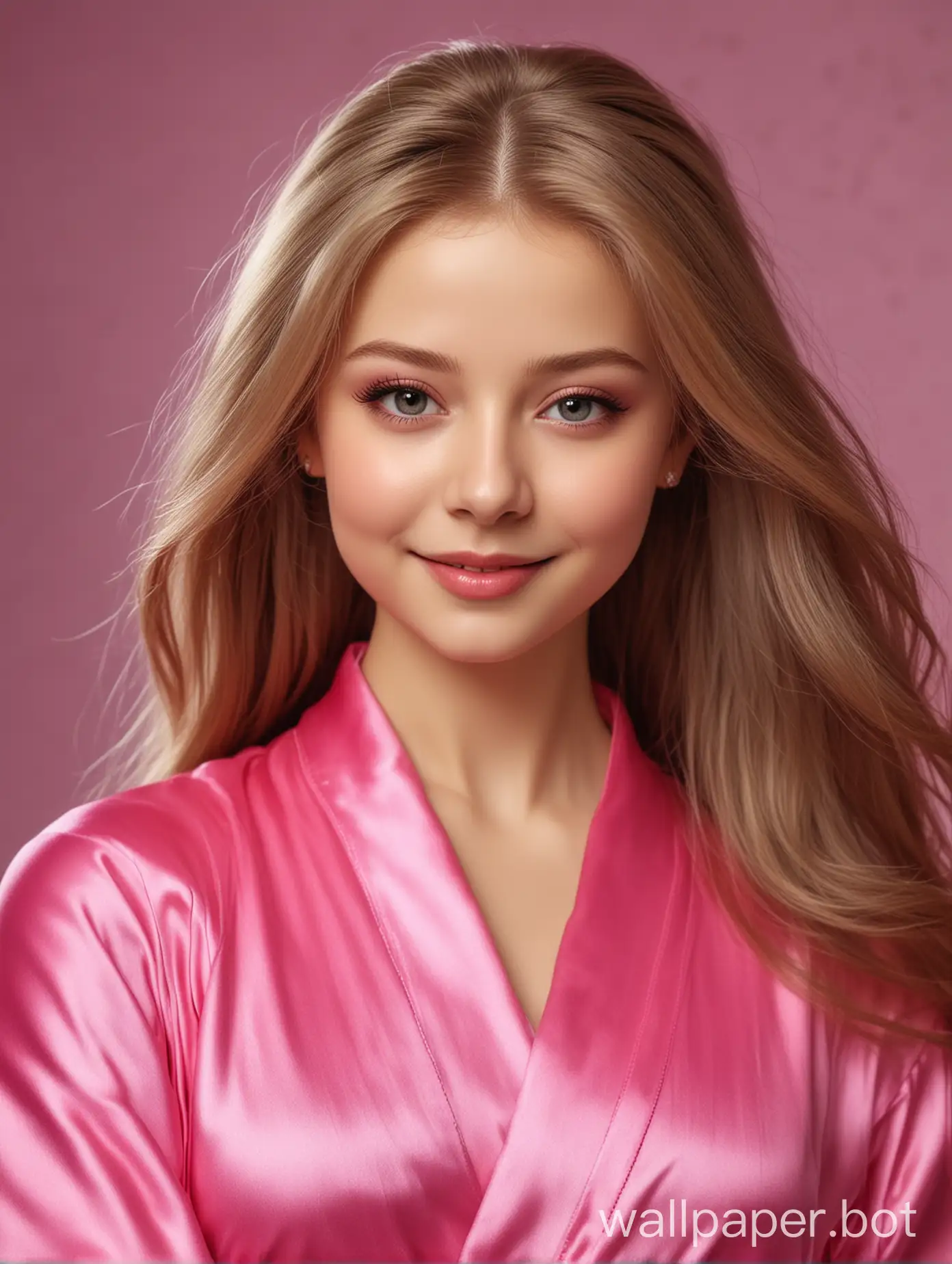 Realistic cutie Yulia Lipnitskaya with long straight silky hair in a pink fuchsia silk robe smiles