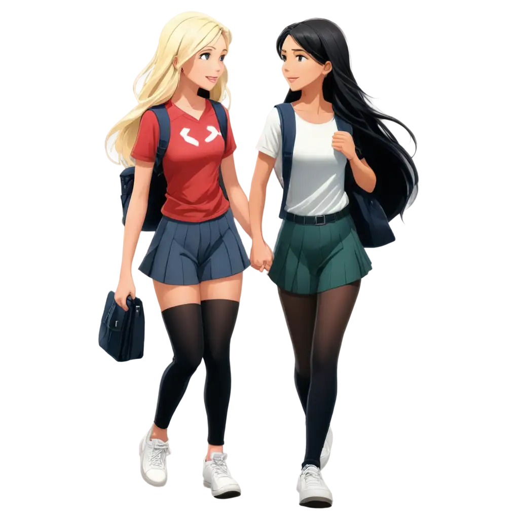 two girls back. one cartoon high school girl with black straight hair and a high school girl with blonde wavy hair walking; their back toward the picture.