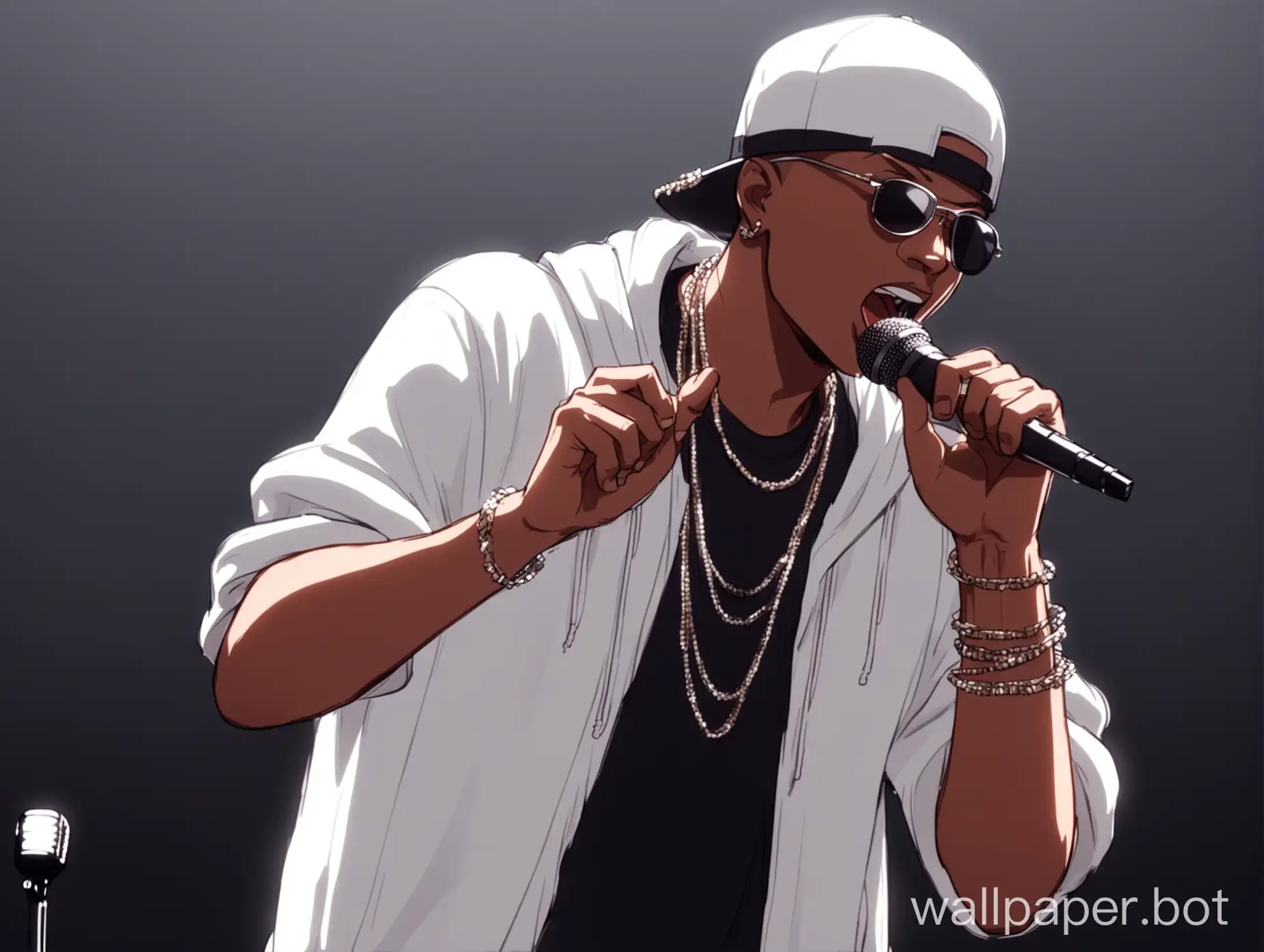 the character is male and seems to be holding a microphone and rapping and is white
