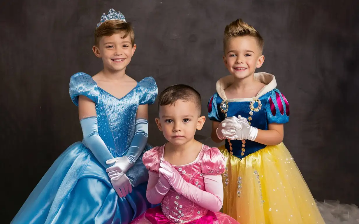 Gender role-reversal, Photograph of a smiling 9-year-old boy wearing a blue Cinderella Princess dress, a cute 7-year-old little short-haired smiling blonde boy with short hair in a quiff shaved on the sides wearing a Snow White Disney Princess dress, and a cute nervous 5-year-old little short-brown-haired boy wearing a pink Rapunzel Princess dress, short hair shaved on the sides, kneeling together on the floor, long silky gloves and princess accessories, Irish boys, perfect children faces, perfect faces, smooth 