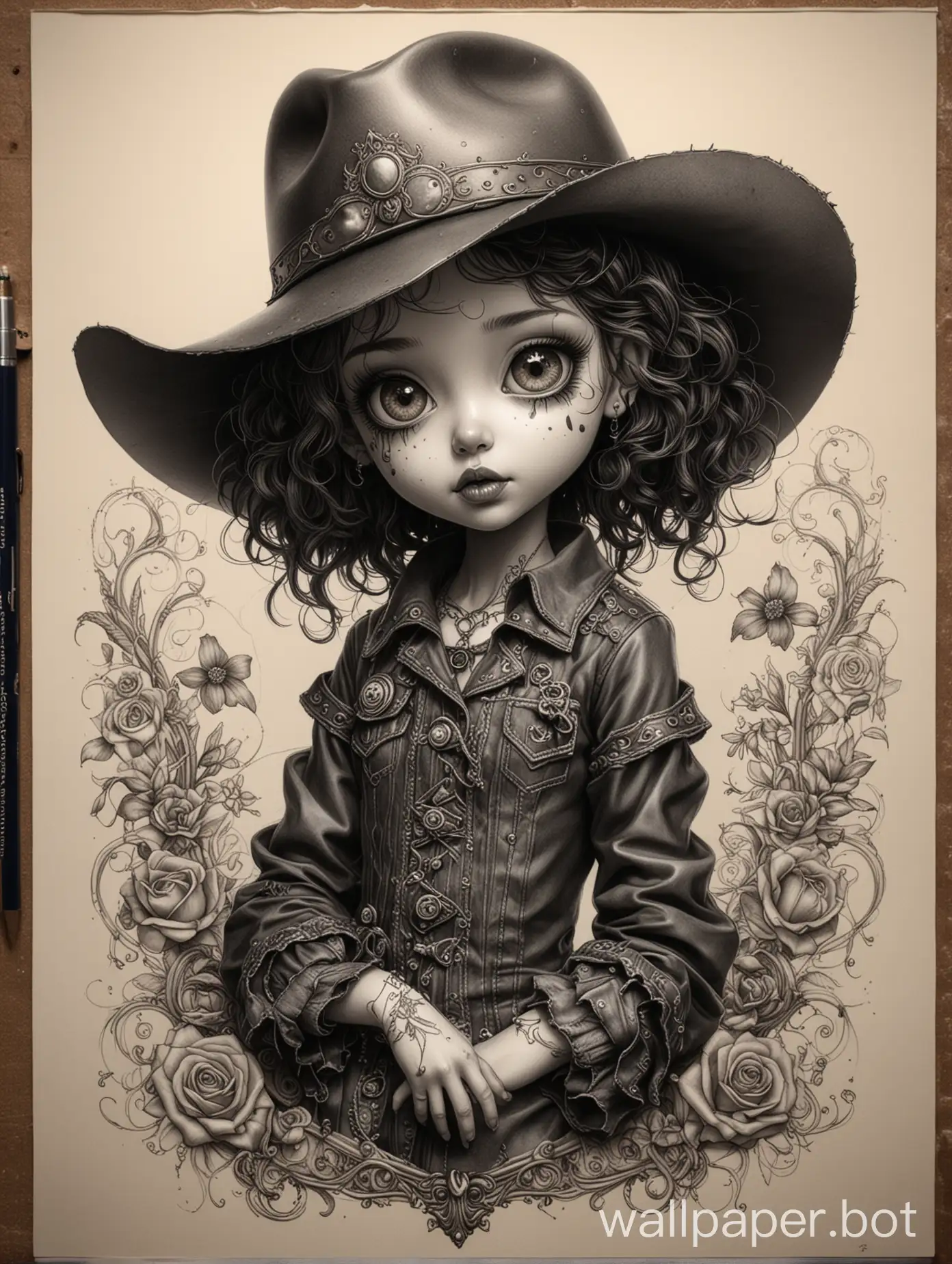ultra-realistic pencil sketch on scrap paper of a gothic dark kawaii figure in a cowboy style, big-eyed, 7 years old, clear skin, with black messy short curls, Silver mini mini hearts, style mix of Lilia Alvarado and Jasmine Beckett-Griffith, trending on art station, sharp focus, studio photography, intricate detail, high detail, fabulous size emphasized by juxtaposition, natural light, high detail, pen and ink, golden ratio. Greg Rutkowski, elements inspired by Brian Viveros, Tim Burton, Esao Andrews, Anne Stokes