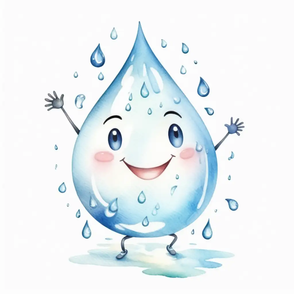 kapka vody, usměvavá imaginární postavička, která má nohy a ruce a je to zároveň symbol kapky vody. bílé pozadí, akvarel ilustrace.