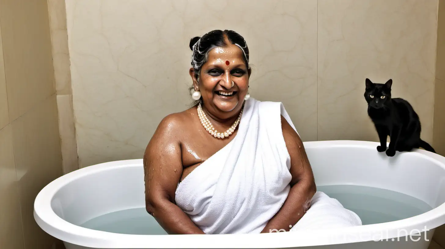 a indian mature  fat woman having big stomach age 57 years old attractive looks with make up on face ,binding her high volume hairs, Gajra Bun Hairstyle. wearing metal anklet on feet and high heels, holding  a bath soap,  . she is happy and smiling. she is wearing pearl neck lace in her neck , earrings in ears, a  white bath towel on her body. she is under a shower bathing ,water is falling on her body she is  fully wet and foam are all around her body  ,  three black cats are siting  and its night time .  
