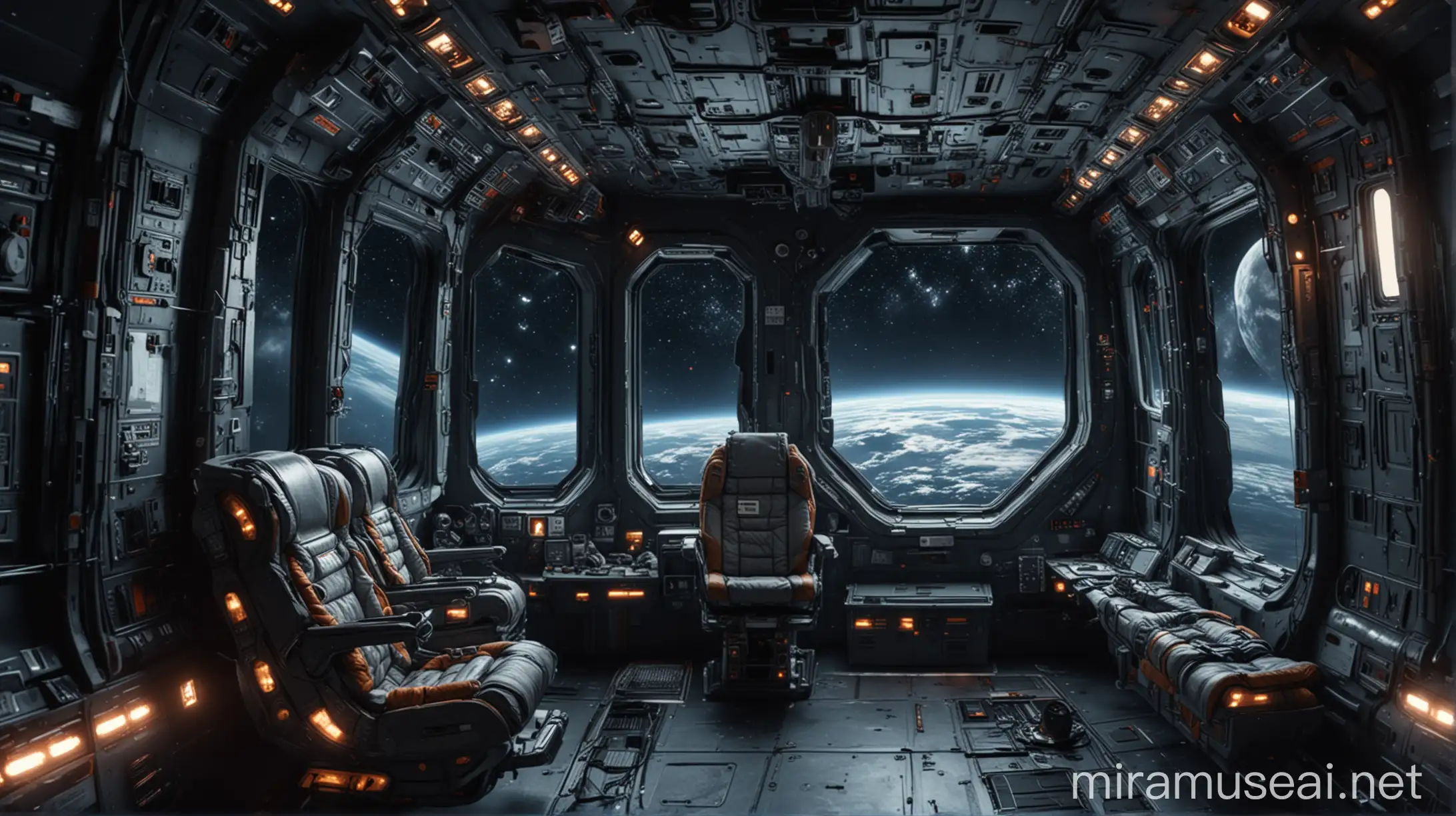 Inside of a huge spaceship, high tech seats, astronauts suits a hanged, futuristic, dark sky in window, stars in window, highly realistic, highly detailed, 8k, professional photography