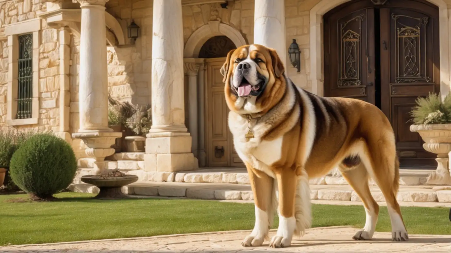 epoque biblique, un grand chien male très beau, devant une grande maison de campagne luxueuse hébreu