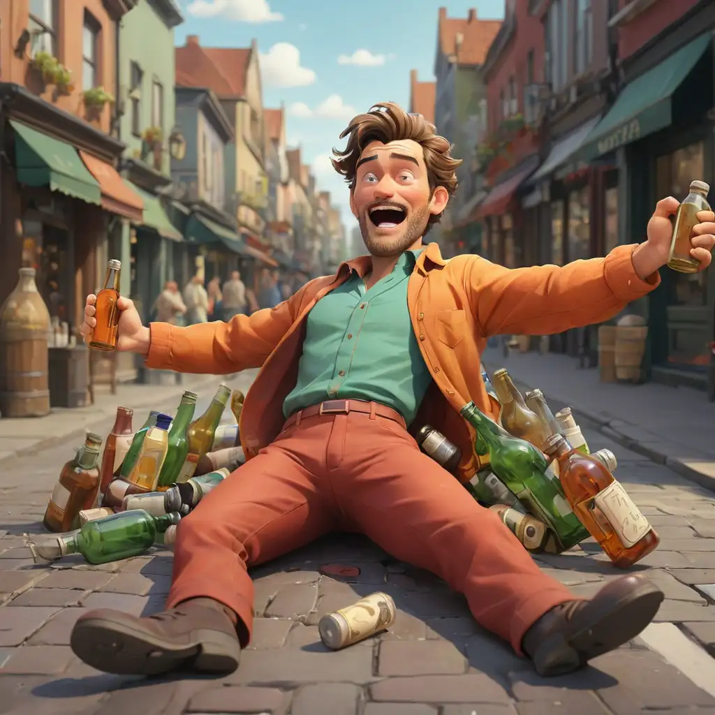 мультяшный красивый мужчина пьяный ярко одетый лежит по середине оживленной людьми улицы с бутылками в руках в полный рост с бутылками