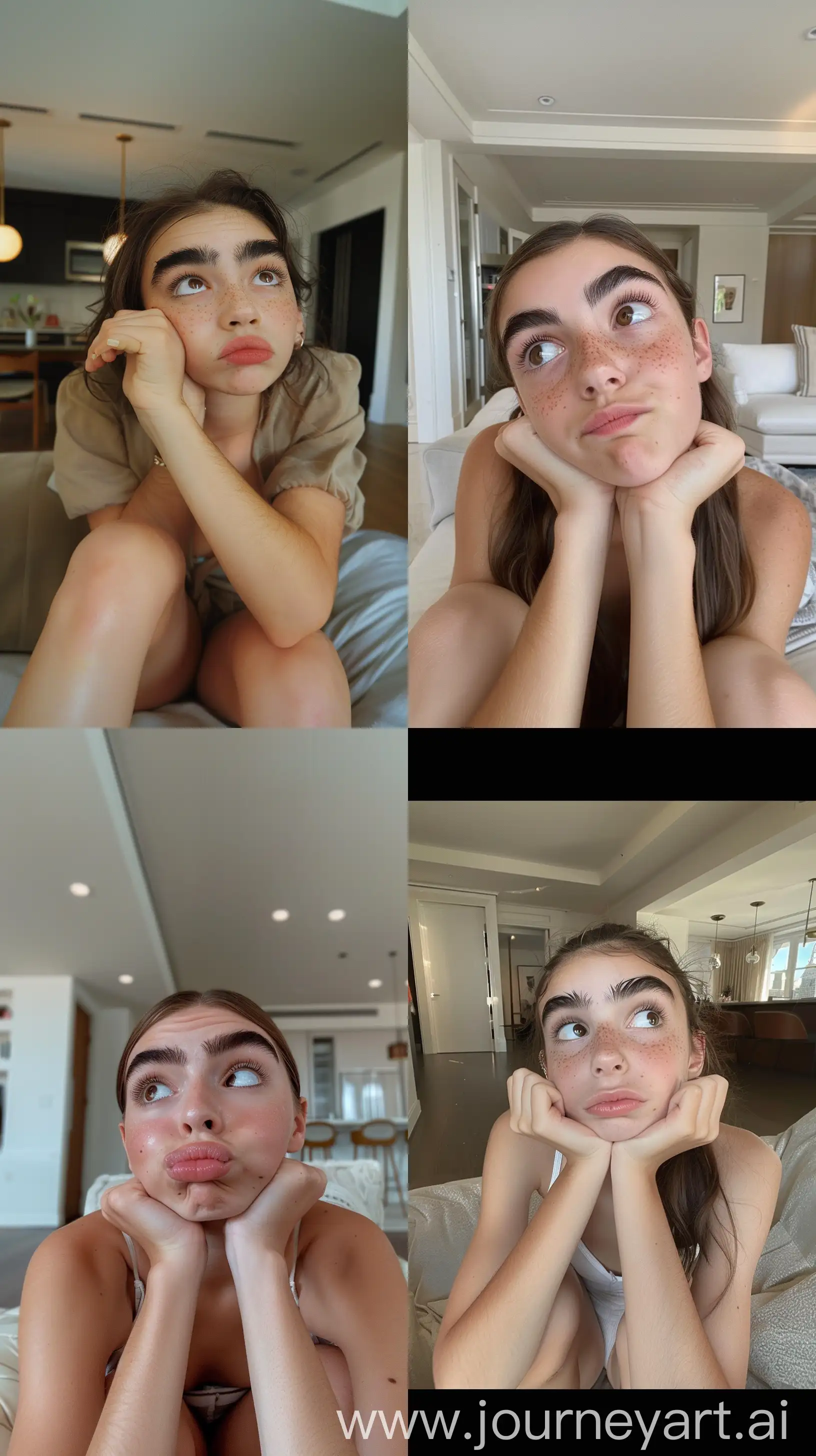Aesthetic Instagram selfie of Haley Kalil's, looks like Haley Kalil, little sister, 15 years old, pretty, super model face, in fancy New York apartment, bushy thick eyebrows, wide set, looking up and away from camera, sitting on couch, knees under chin, bored, brown eyes, throw face away in room --ar 9:16