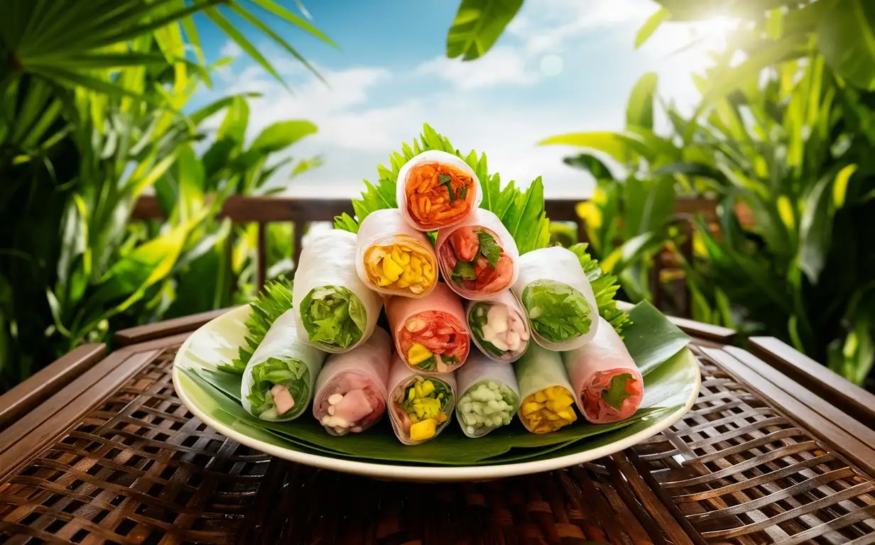 A plate of colorful Vietnamese spring rolls on a Southeast Asian-style outdoor dining table, photographed in a fresh style with bright daylight, a high-angle shot, and a crisp composition, showcasing the translucence of the rolls and the freshness of the fillings.