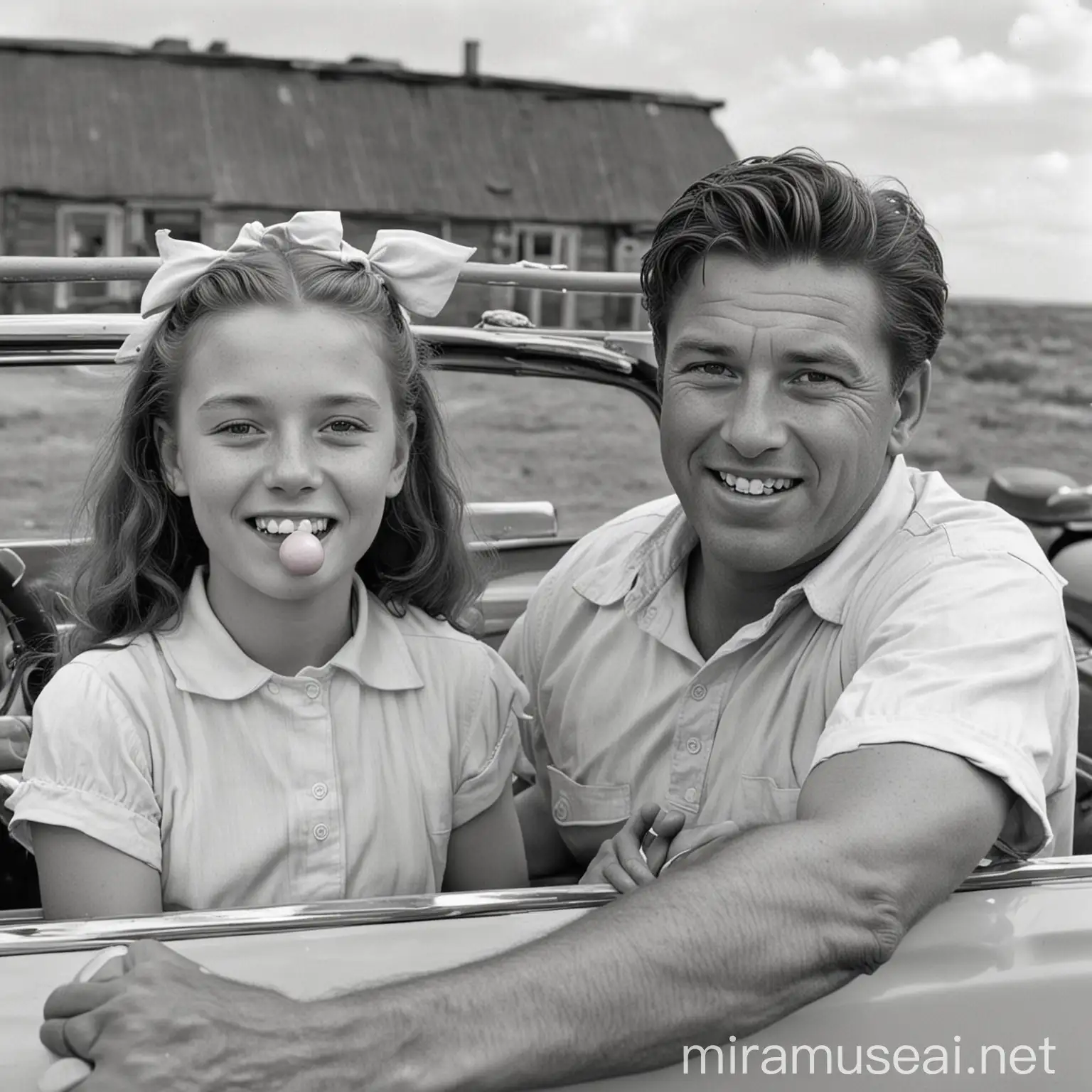 a 14-year old ginger girl chewing a bubblegum sitting nexto to her middle aged handsome father who is driving a white jeep across America in 1949