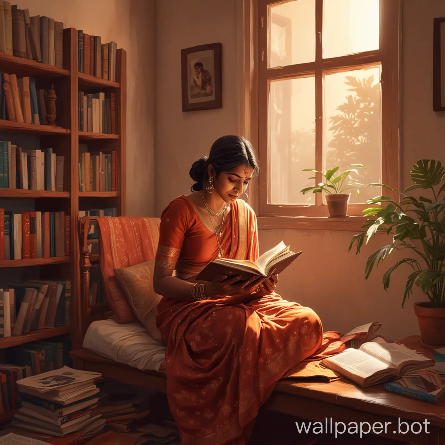 digital illustration of an indian woman reading a book in her reading room