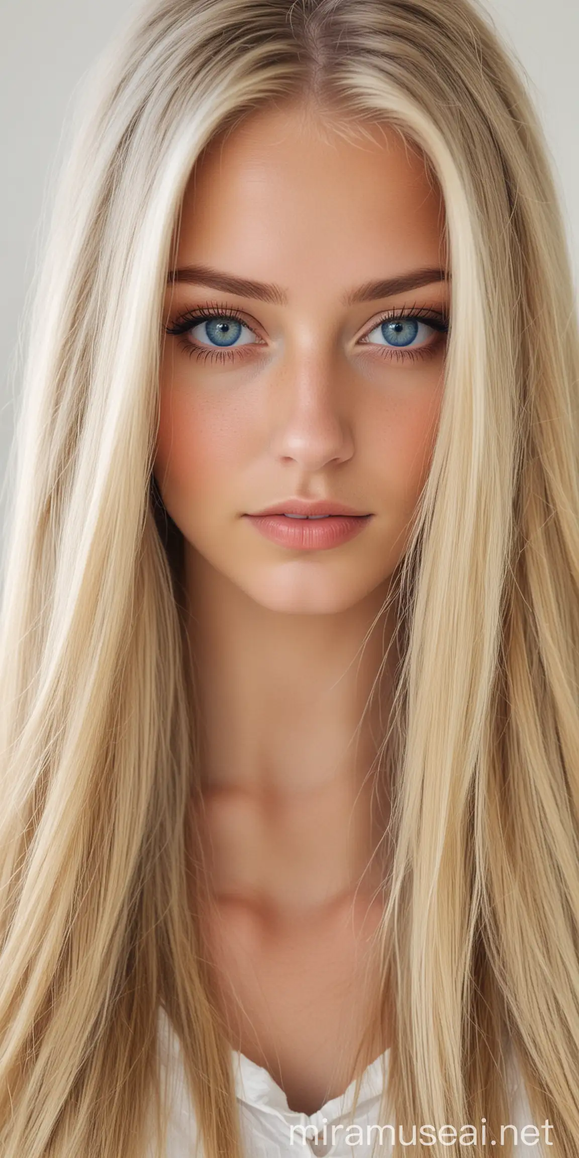 Blonde, blue eyes, long hair, whole head
