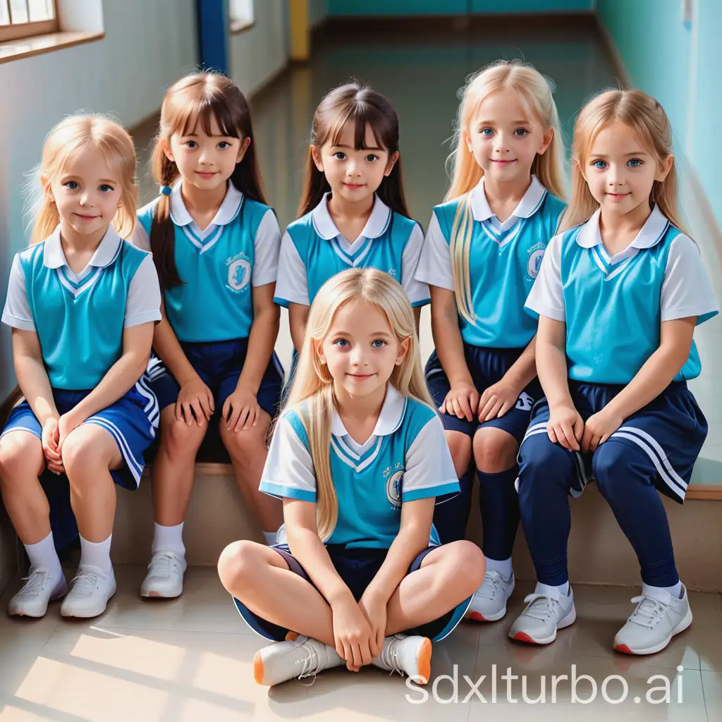 a group of very beautiful 7 years old little kids, wearing cute long pants sports uniform, one of the girl have Jisoo face, long blond hair, blue eyes, they are in a corner of a primary school, they are happy, smile, sitting on floor  or crawling through  hills, mesh obstacles